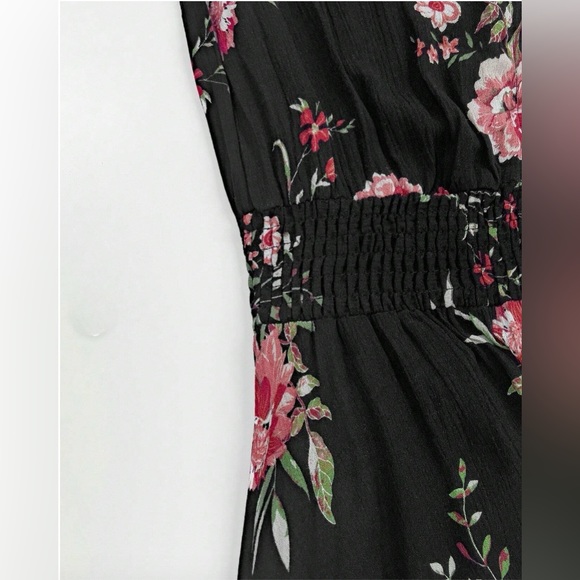 Black Boho Rose Floral Print Button Front Split Thigh Dress - Picture 8 of 14
